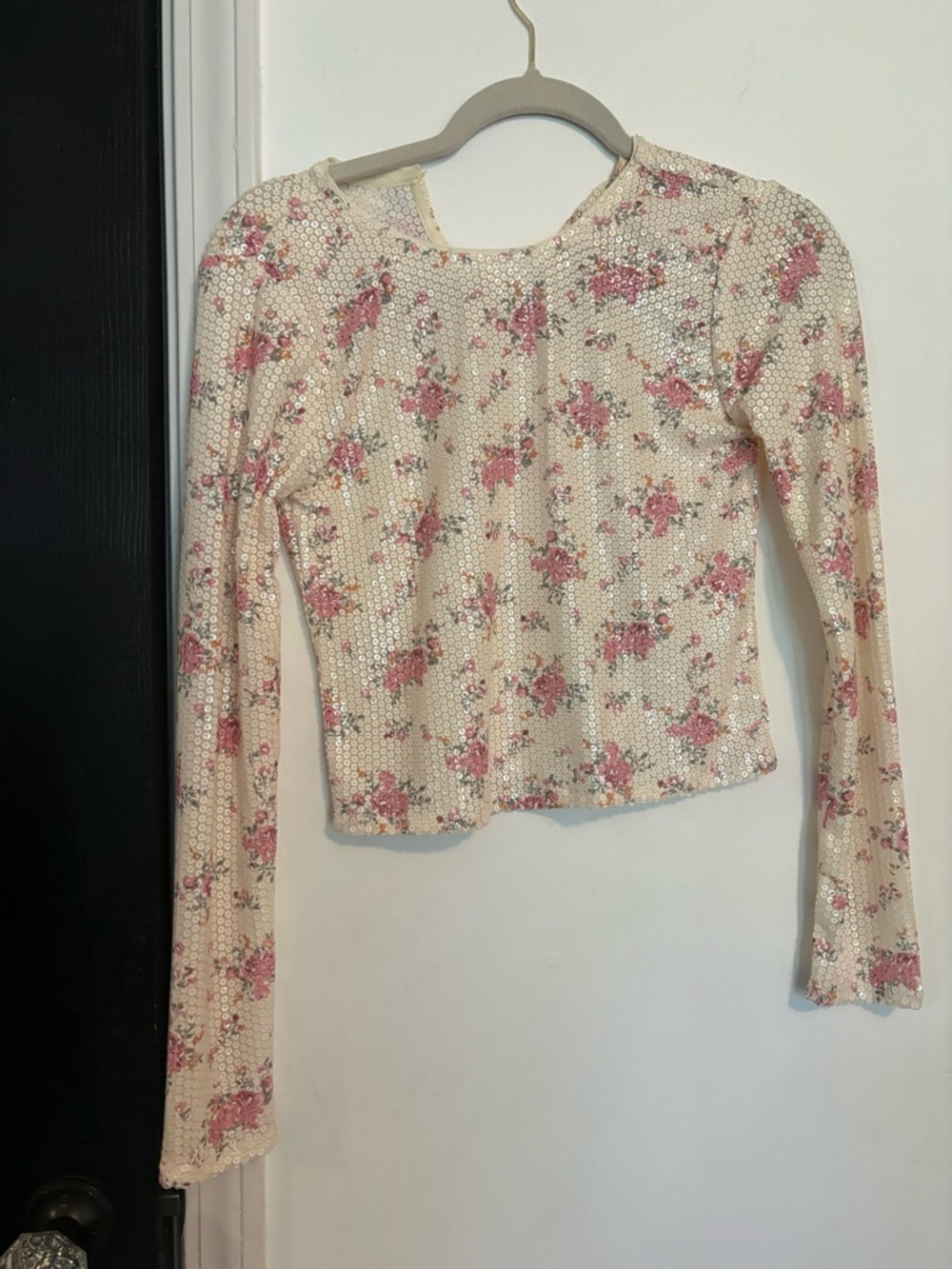 Gianni Bini Cream Long-Sleeve Sequin Crop Top with Pink Floral Print